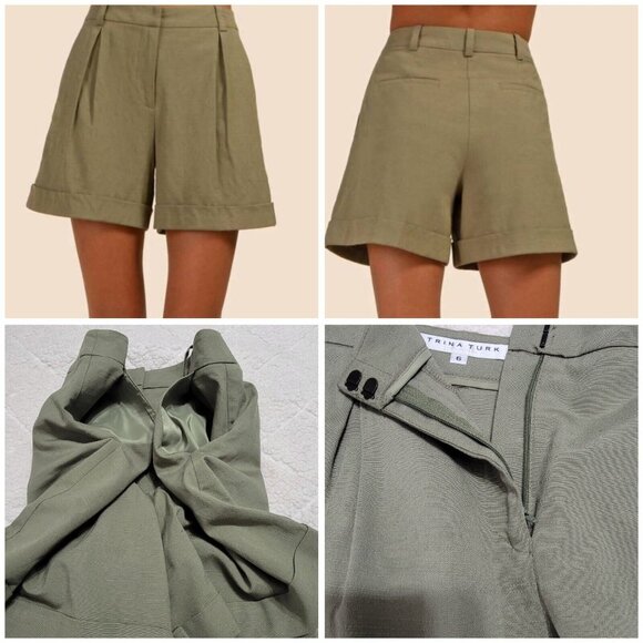 Trina Turk Womens Sage Green Pleated‎ High Waisted Shorts Slash Pockets Size 6 - Picture 5 of 9